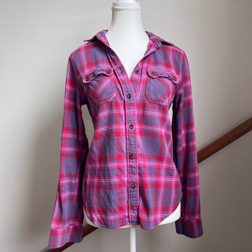 Y2K American Eagle Plaid Flannel Shirt S Pink Preppy Button Down Favorite Fit